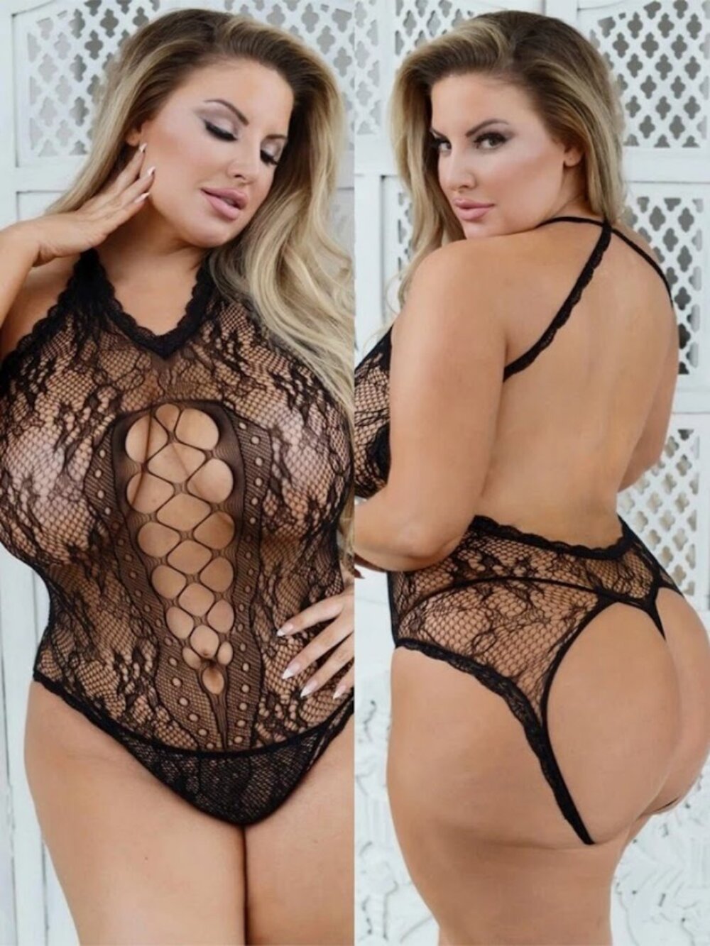 Killer Legs V-Neck Halter Fishnet Bodystocking Queen Plus Size Criss Cross NWT